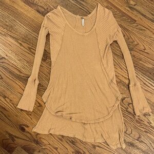 Free People Caramel Waffle Knit Thermal Top Boho High Low Long Sleeve XS
